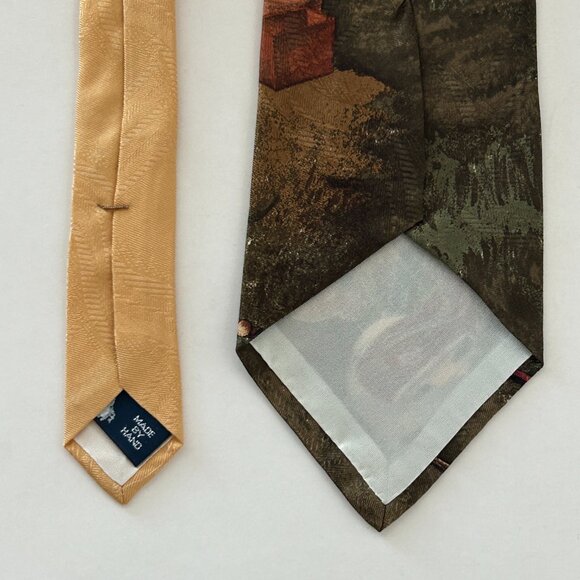 Polo By Ralph Lauren Golf Scene Neck Tie Gold Multicolor Silk Hand Made USA VTG - Picture 8 of 16